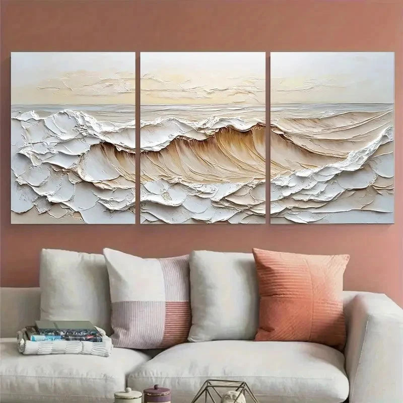3pcs White Textured Sea waves Abstract Design Metal Print Ready to Hang Art