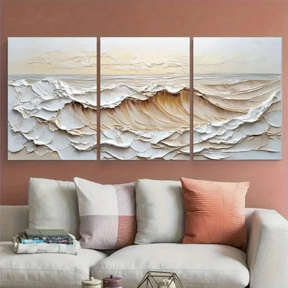 3pcs White Textured Sea waves Abstract Design Metal Print Ready to Hang Art