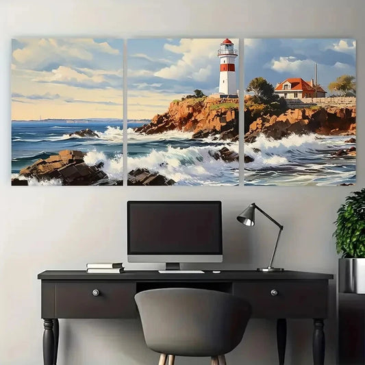 3pcs Scenic Lighthouse Coastal Landscape Metal Print Ready to Hang Art
