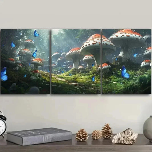 3pcs Featuring Mushrooms in a Forest Wall Art Set Canvas Framed 40x60cm - High Quality Print 100% Australian Made Wall Canvas Ready to Hang