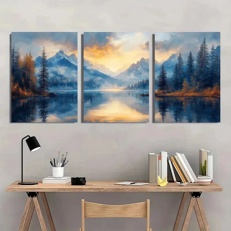 3pcs Serene Alpine Lake Earthy Tones & Sapphire Metal Print Ready to Hang Art