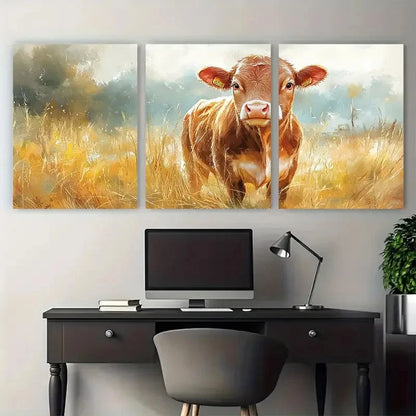 3pcs Rustic Cheerful Cow Illustration Wall Art Set Canvas Framed 40x60cm - High Quality Print 100% Australian Made Wall Canvas Ready to Hang