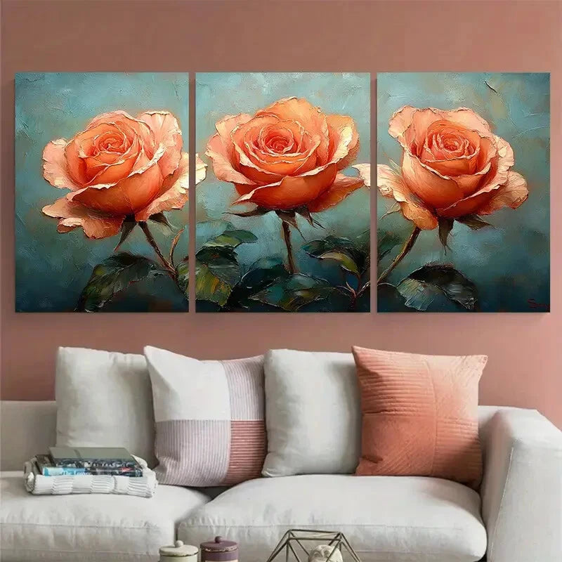 3pcs Rose Flowers Botanical Impasto Design Metal Print Ready to Hang Art