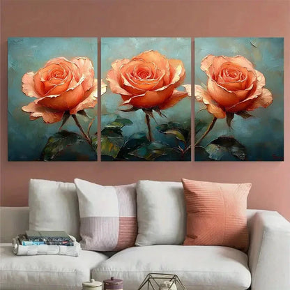 3pcs Rose Flowers Botanical Impasto Design Metal Print Ready to Hang Art