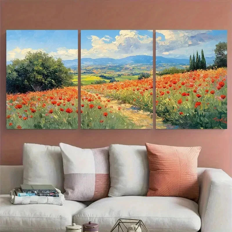 3pcs Tuscany Italy Countryside Poppy Fields Metal Print Ready to Hang Art