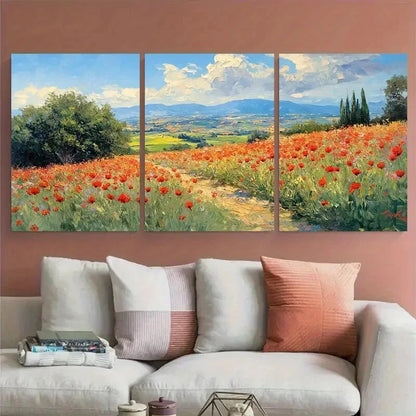 3pcs Tuscany Italy Countryside Poppy Fields Metal Print Ready to Hang Art