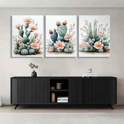 3pcs Elegant Cactus & Floral Green Cacti Peach Metal Print Ready to Hang Art