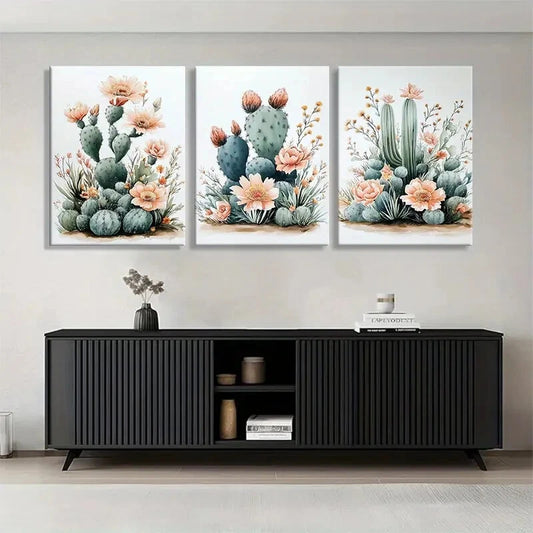 3pcs Elegant Cactus & Floral Green Cacti Peach Metal Print Ready to Hang Art