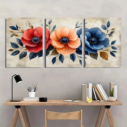 3pcs Reds & Blues Botanical Painting Elegant Metal Print Ready to Hang Art
