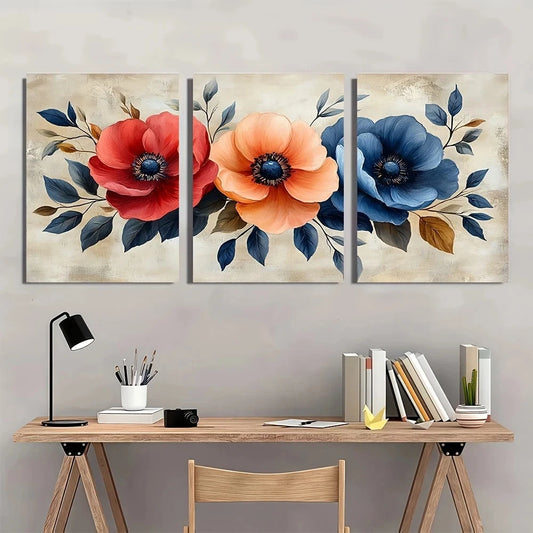 3pcs Reds & Blues Botanical Painting Elegant Metal Print Ready to Hang Art