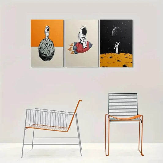 3pcs Vibrant Orange Black & White Designs Metal Print Ready to Hang Art