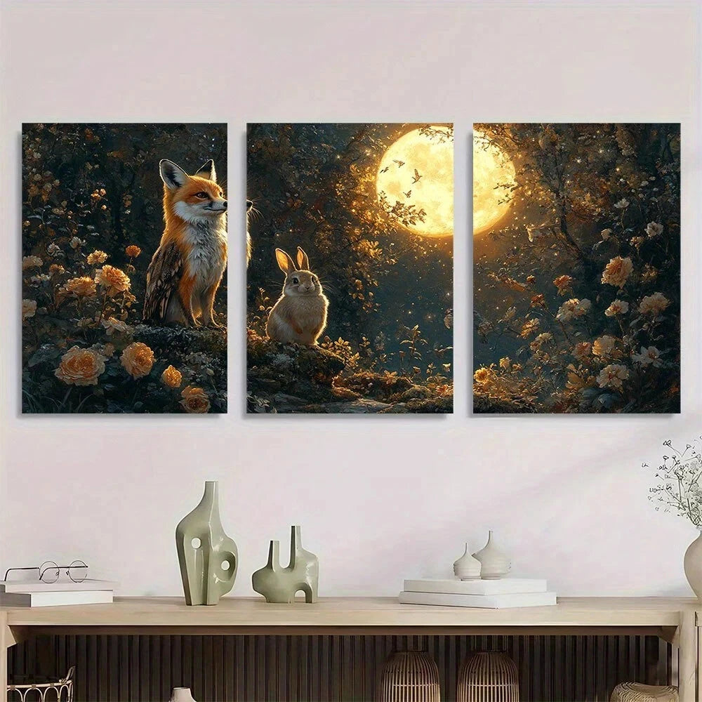 3pcs Enchanted Nightlife Fox Rabbit Full Moon Metal Print Ready to Hang Art