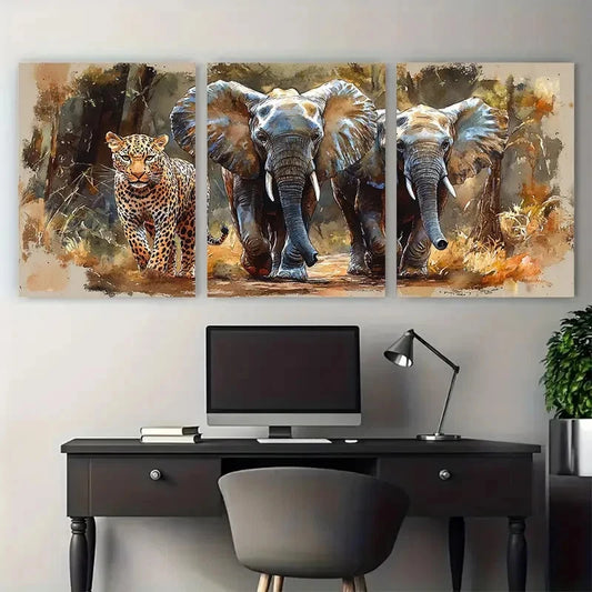 3pcs Elephants and Leopard Exotic Tropical Wall Art Set Canvas Framed 40x60cm - High Quality Print 100% Australian Made Wall Canvas Ready to Hang