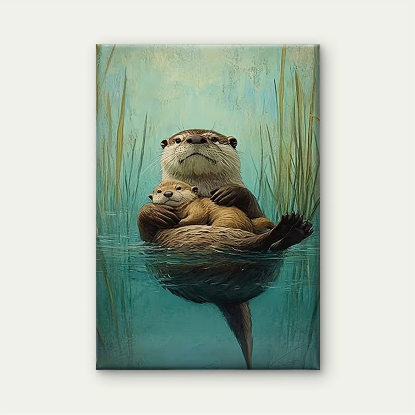 Serene Otter & Cub Oil Painting Metal Print Ready to Hang