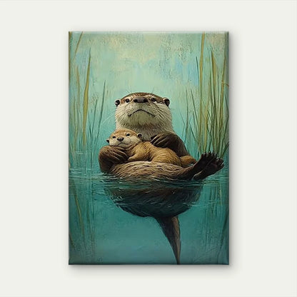 Serene Otter & Cub Oil Painting Metal Print Ready to Hang