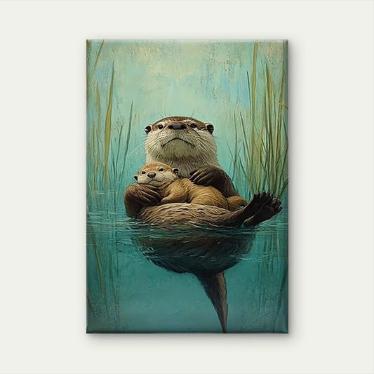 Serene Otter & Cub Oil Painting Metal Print Ready to Hang