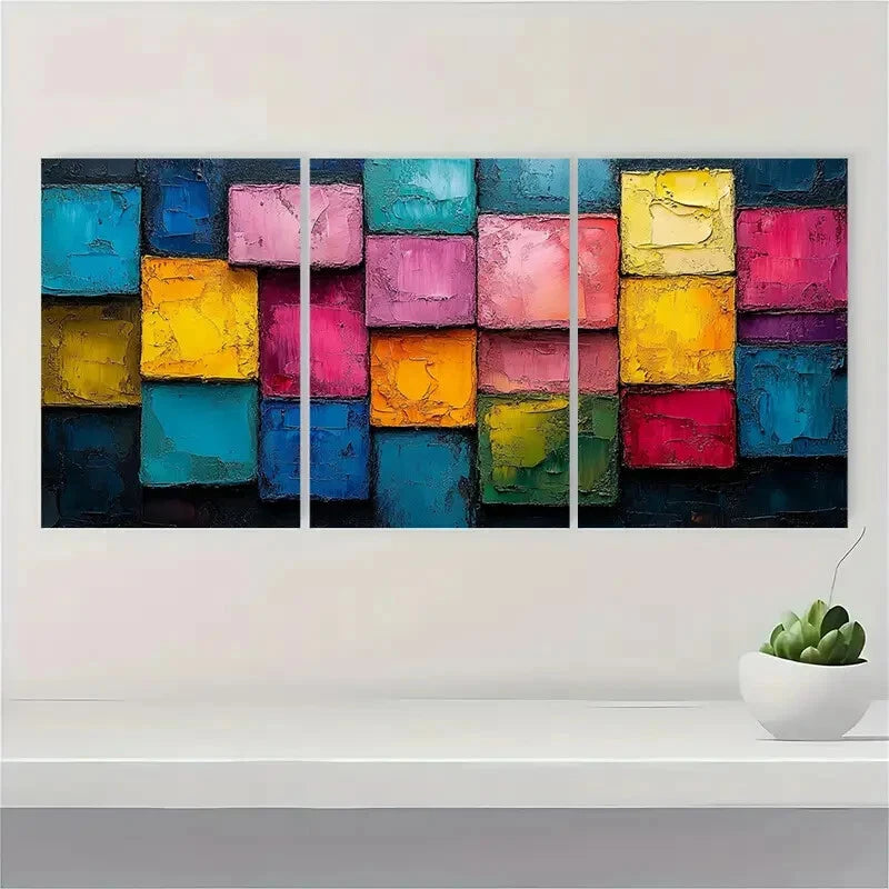 3pcs Abstract Colorful Block Oil Painting Metal Print Ready to Hang Art
