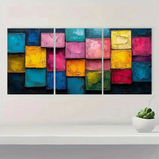 3pcs Abstract Colorful Block Oil Painting Metal Print Ready to Hang Art