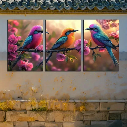 3pcs Vibrant High-Flying Bird with Pink Florals Metal Print Ready to Hang Art