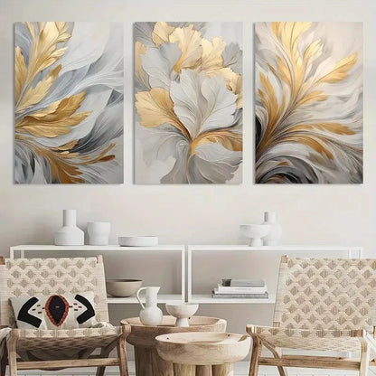 3pcs Modern Abstract Golden & White Leaf Metal Print Ready to Hang Art
