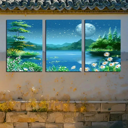 3pcs Vibrant Fantastic Forest with Moon Landscape Metal Print Ready to Hang Art