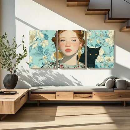 3pcs Woman Portrait Black Cat Floral Background Metal Print Ready to Hang Art