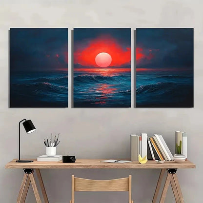 3pcs Mid Century Modern Sunset Wall Art Set Canvas Framed 50x70cm - High Quality Print 100% Australian Made Wall Canvas Ready to Hang