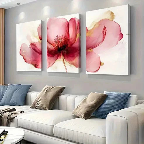 3pcs Modern Red Floral Elegant Golden Accents Perfect Wall Art Canvas Unframed – High Quality Print 100% Australian Made Wall Canvas