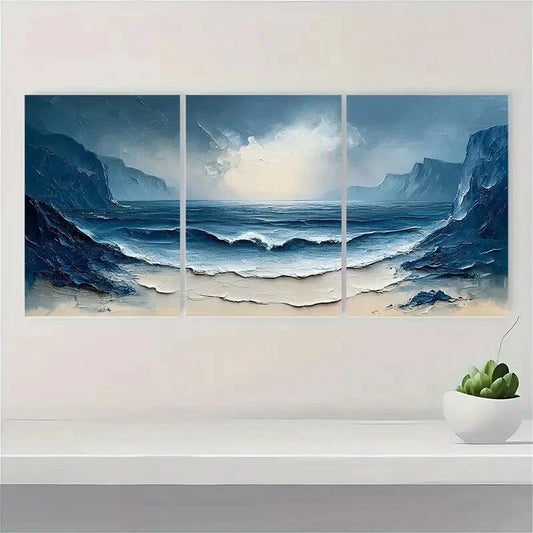 3pcs Coastal Landscape Painting Ocean Abstract Metal Print Ready to Hang Art