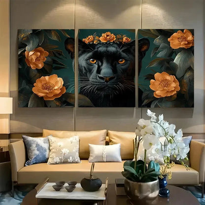 3pcs Elegant Black Panther with Floral Crown Metal Print Ready to Hang Art