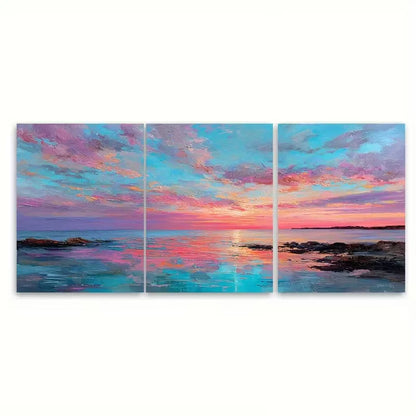 3pcs Tranquil Coastal Sunset Ocean Painting Metal Print Ready to Hang Art