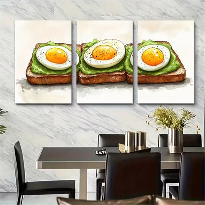 3pcs Breakfast Painting Avocado Toast and Eggs Metal Print Ready to Hang Art
