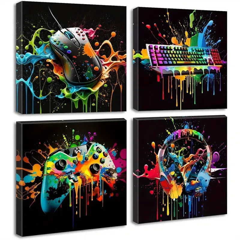 4pcs  Vibrant Gamepad & Keyboard Canvas Wall Art Canvas Framed