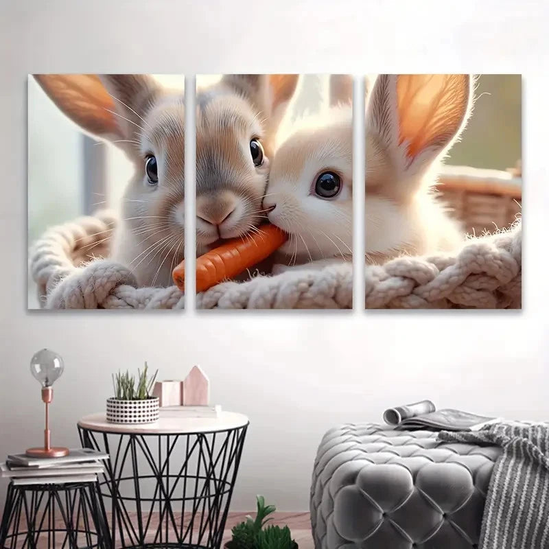 3pcs Adorable Rabbit Eating Carrots Wall Art Set Canvas Framed 40x60cm - High Quality Print 100% Australian Made Wall Canvas Ready to Hang