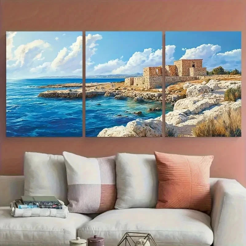 3pcs Paphos Travel Tombs of the Kings Design Wall Art Set Canvas Framed 40x60cm - High Quality Print 100% Australian Made Wall Canvas Ready to Hang