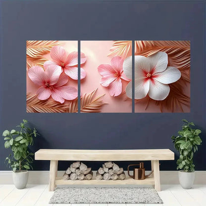 3pcs Pink & White Flowers with Golden Leaves Metal Print Ready to Hang Art