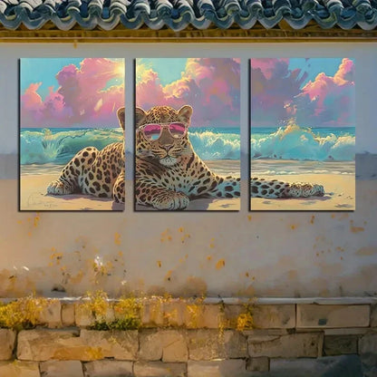 3pcs Modern Cartoon Leopard with Sunglasses Metal Print Ready to Hang Art