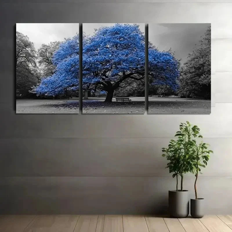 3pcs Featuring a Blue Tree in a Park Metal Print Ready to Hang Art