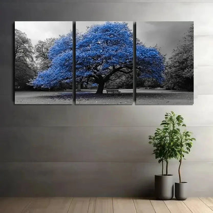 3pcs Featuring a Blue Tree in a Park Metal Print Ready to Hang Art