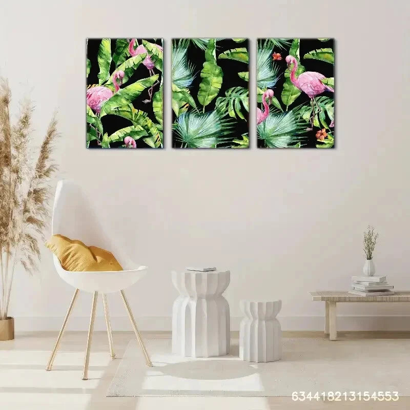 3pcs Tropical Flamingo & Exotic Leaves Metal Print Ready to Hang Art
