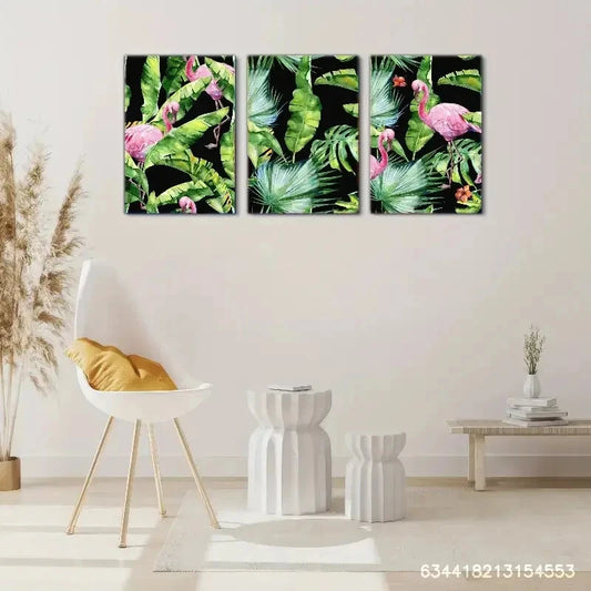 3pcs Tropical Flamingo & Exotic Leaves Metal Print Ready to Hang Art