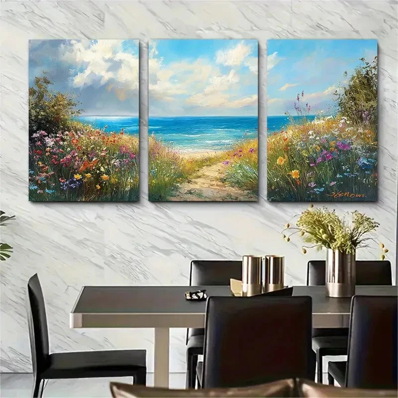 3pcs Coastal Wildflower Field Beach Landscape Metal Print Ready to Hang Art