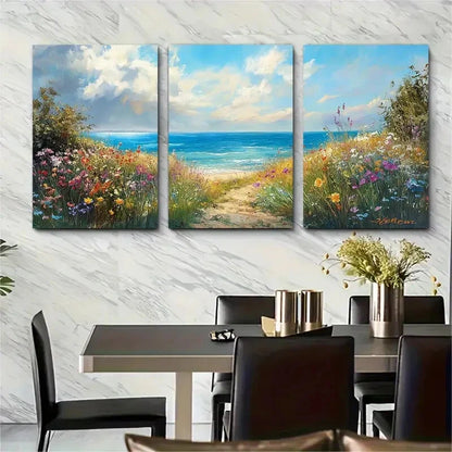 3pcs Coastal Wildflower Field Beach Landscape Metal Print Ready to Hang Art