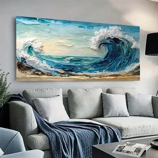 Vibrant Blue Ocean Waves wall canvas office home room framed 120x60cm - Bella Home Decor