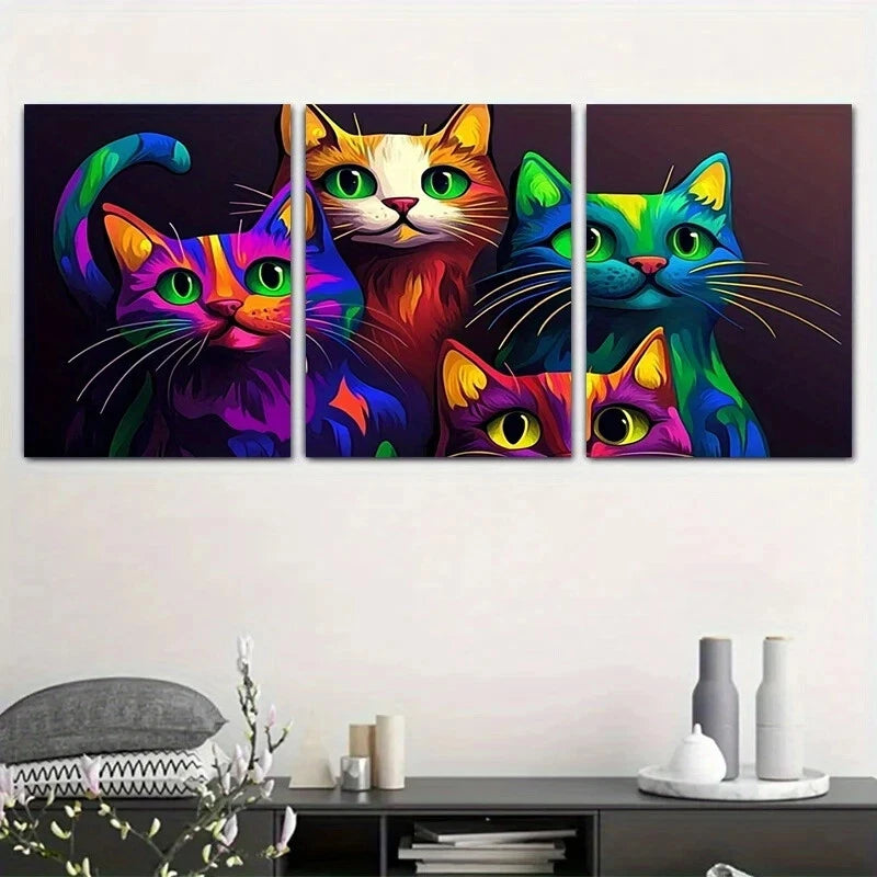 3pcs Colorful Cat Painting Stunning Green Eyes Metal Print Ready to Hang Art