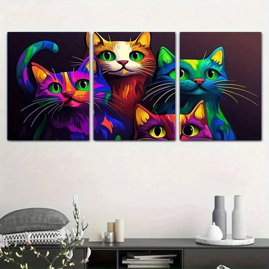 3pcs Colorful Cat Painting Stunning Green Eyes Metal Print Ready to Hang Art