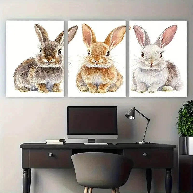 3pcs Adorable Bunny in Soft Pastel Hues Design Metal Print Ready to Hang Art