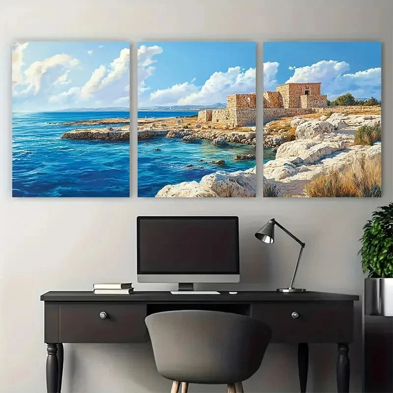 3pcs Paphos Travel Tombs of the Kings Design Wall Art Set Canvas Framed 50x70cm - High Quality Print 100% Australian Made Wall Canvas Ready to Hang