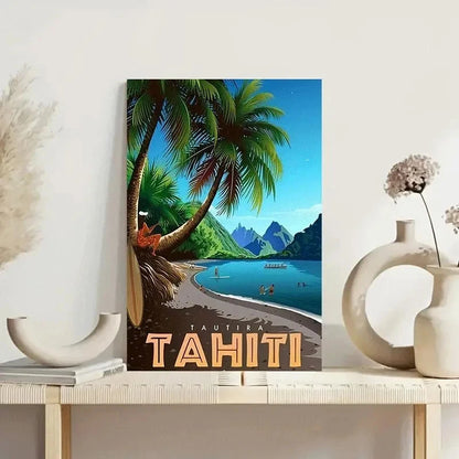 French Polynesia Beach Turquoise Waters & Palm Travel Poster Print Wall Art