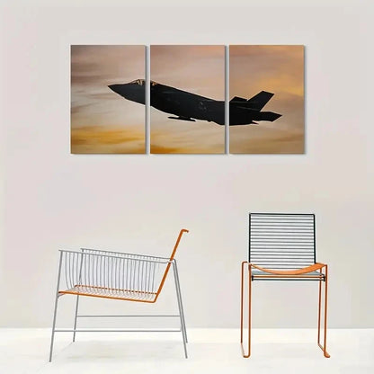 3pcs Jet Silhouette Against Sunset Sky Metal Print Ready to Hang Art